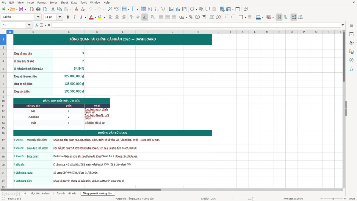 Ảnh chụp màn hình 3: tab Tổng quan & Hướng dẫn - Mẫu Excel bảng theo dõi mục tiêu tài chính cá nhân excel