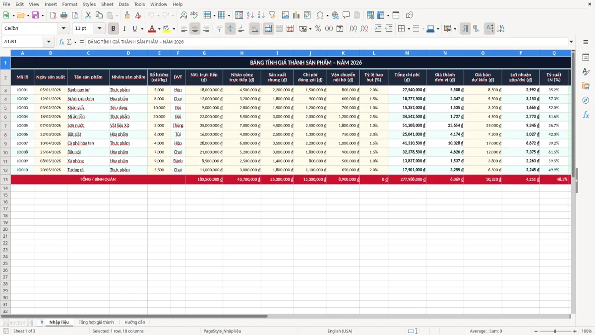 Ảnh chụp màn hình 1: tab Nhập liệu - Mẫu Excel bảng tính giá thành sản phẩm excel