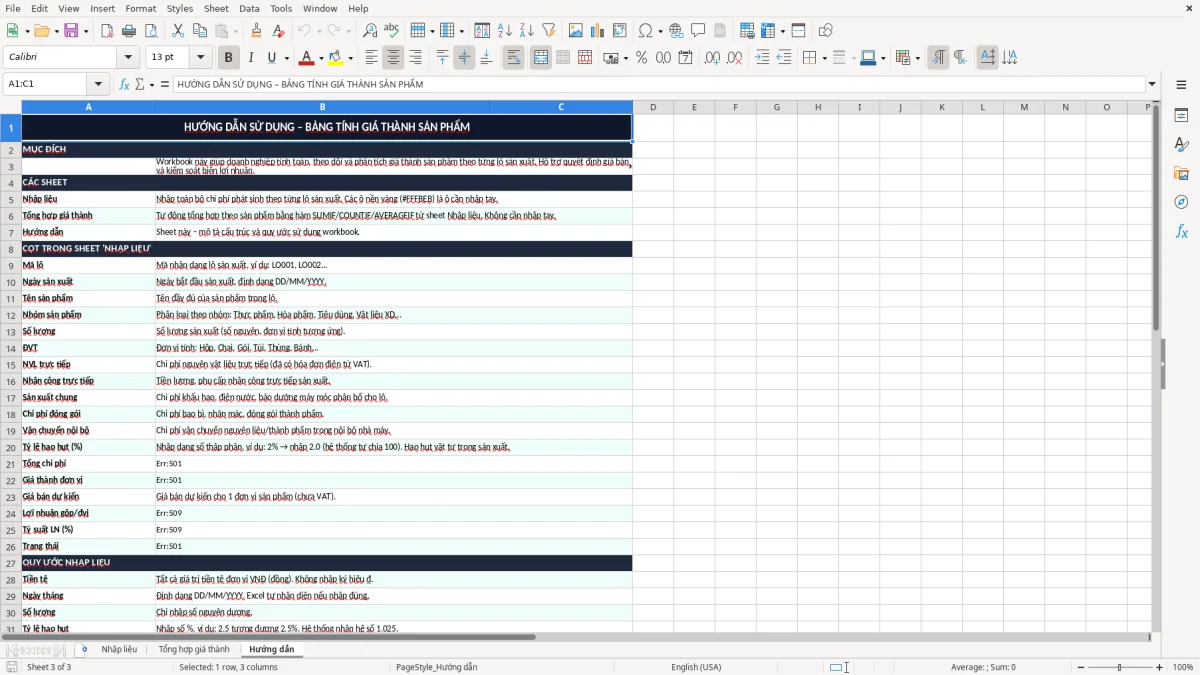Ảnh chụp màn hình 3: tab Hướng dẫn - Mẫu Excel bảng tính giá thành sản phẩm excel