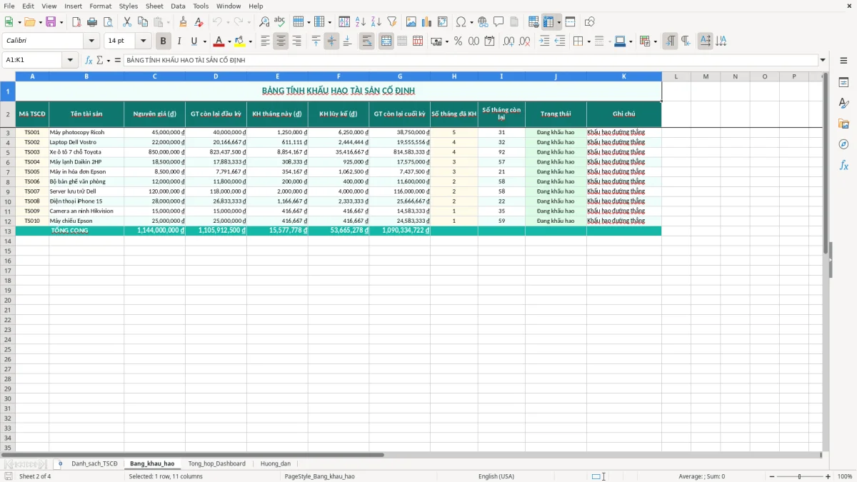 Skärmbild 2: fliken Bang_khau_hao - Excelmall bảng tính khấu hao tài sản cố định excel