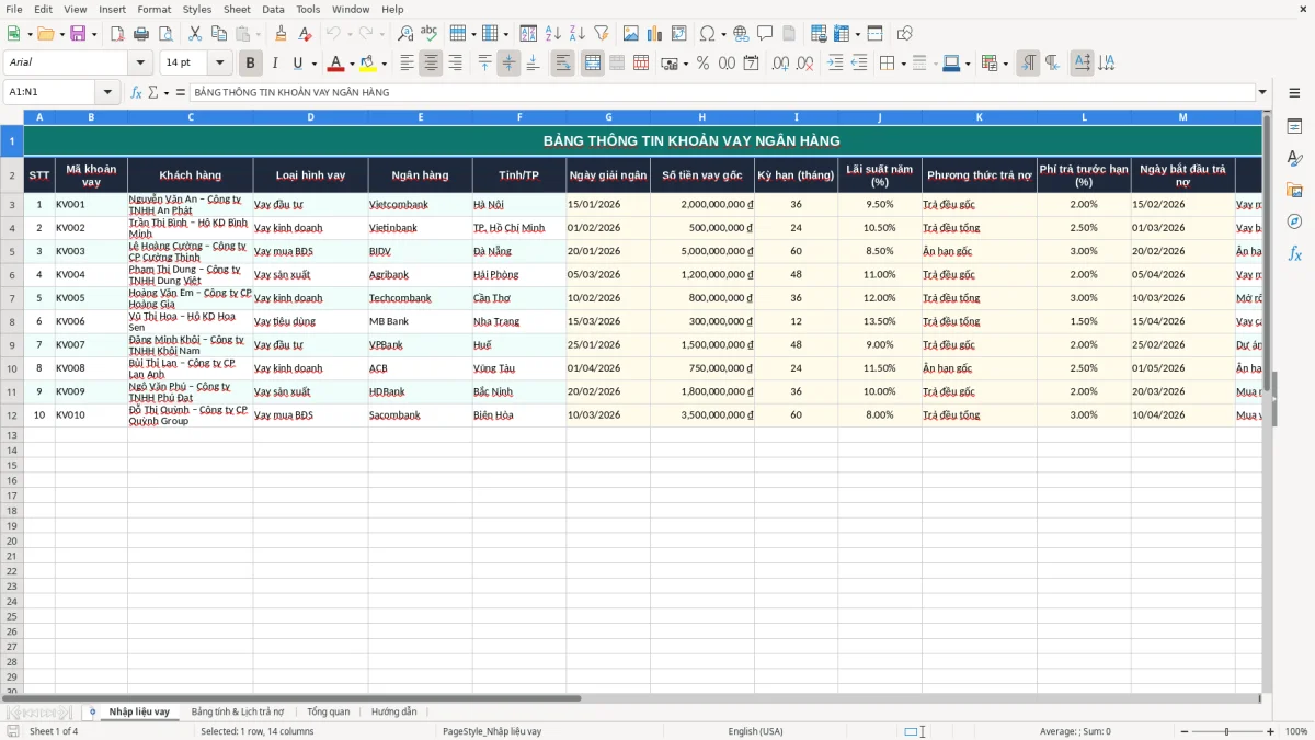 Ảnh chụp màn hình 1: tab Nhập liệu vay - Mẫu Excel bảng tính lãi vay ngân hàng excel