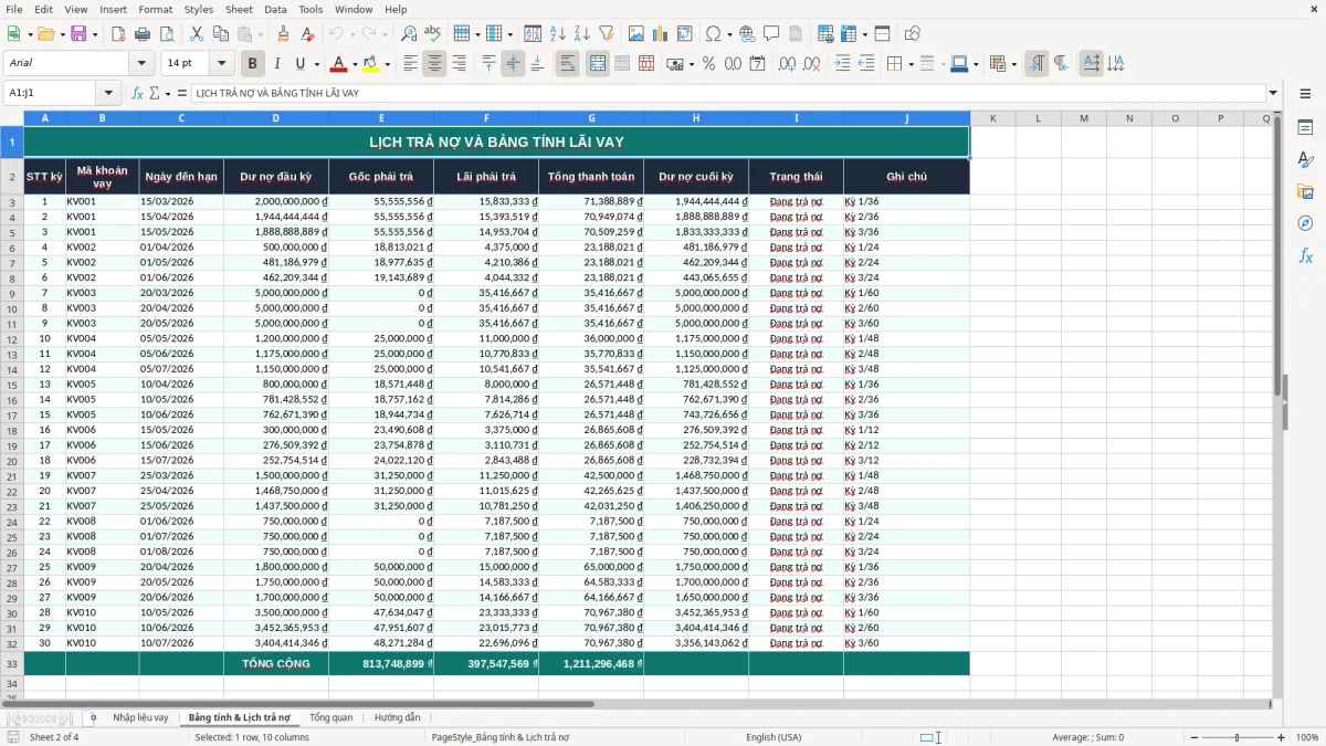 Ảnh chụp màn hình 2: tab Bảng tính & Lịch trả nợ - Mẫu Excel bảng tính lãi vay ngân hàng excel