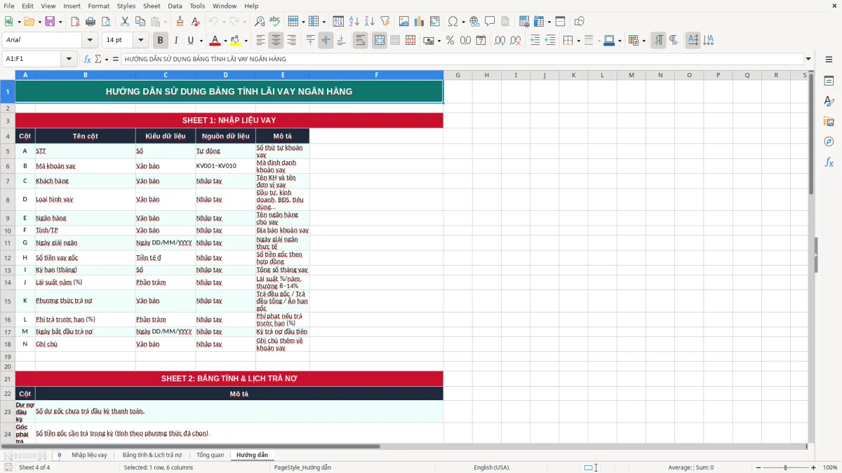 Ảnh chụp màn hình 4: tab Hướng dẫn - Mẫu Excel bảng tính lãi vay ngân hàng excel