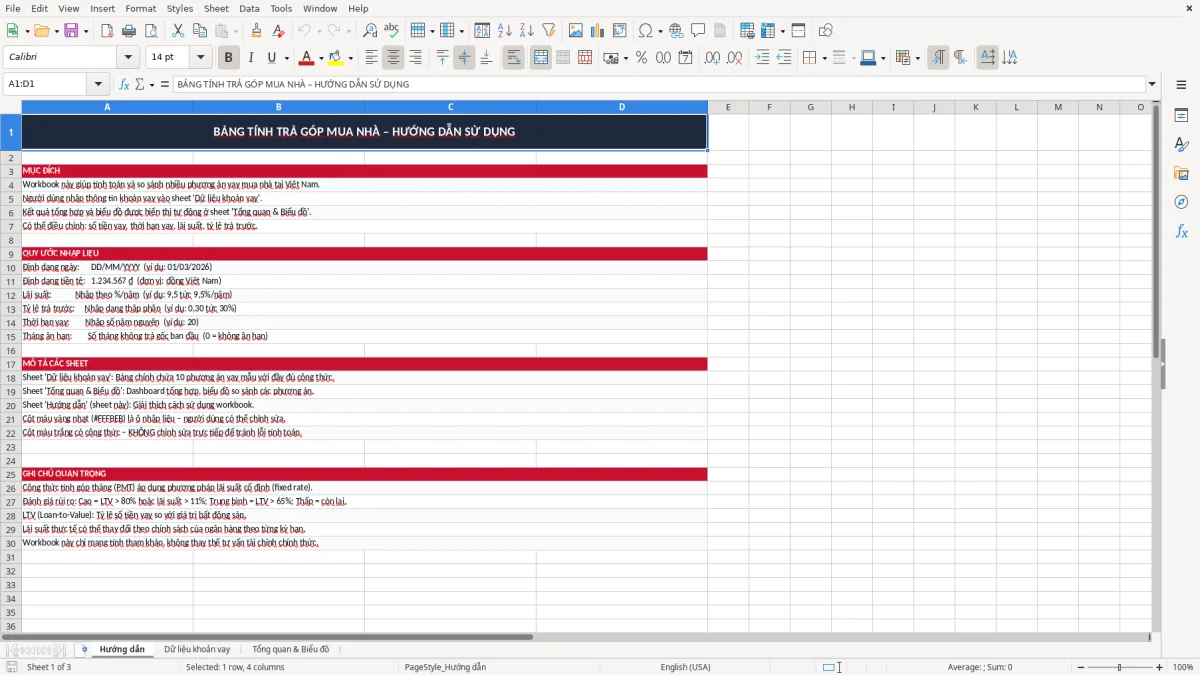 Ảnh chụp màn hình 1: tab Hướng dẫn - Mẫu Excel bảng tính trả góp mua nhà excel