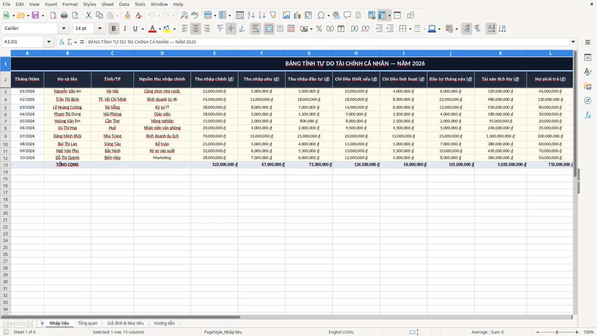 Ảnh chụp màn hình 1: tab Nhập liệu - Mẫu Excel bảng tính tự do tài chính excel