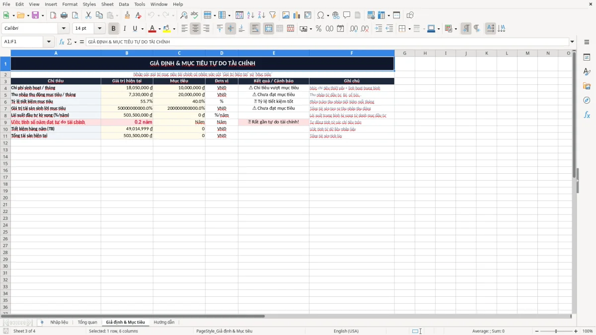 Ảnh chụp màn hình 3: tab Giả định & Mục tiêu - Mẫu Excel bảng tính tự do tài chính excel