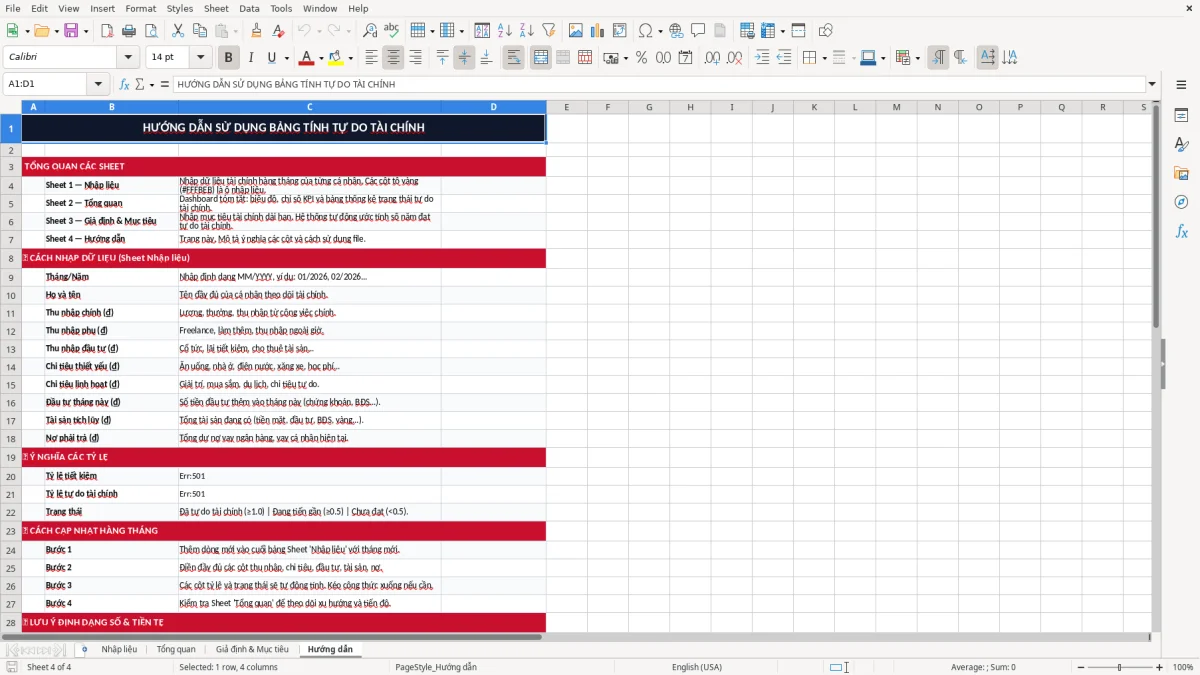 Ảnh chụp màn hình 4: tab Hướng dẫn - Mẫu Excel bảng tính tự do tài chính excel