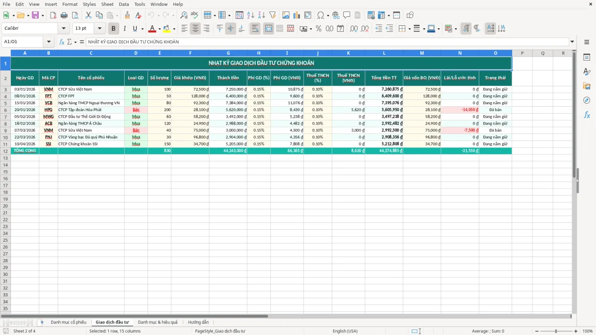 Ảnh chụp màn hình 2: tab Giao dịch đầu tư - Mẫu Excel file excel quản lý đầu tư chứng khoán cá nhân