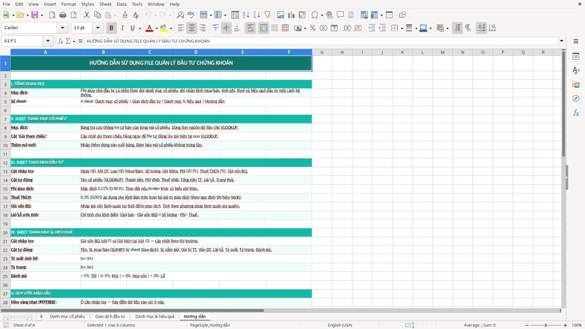 Ảnh chụp màn hình 4: tab Hướng dẫn - Mẫu Excel file excel quản lý đầu tư chứng khoán cá nhân