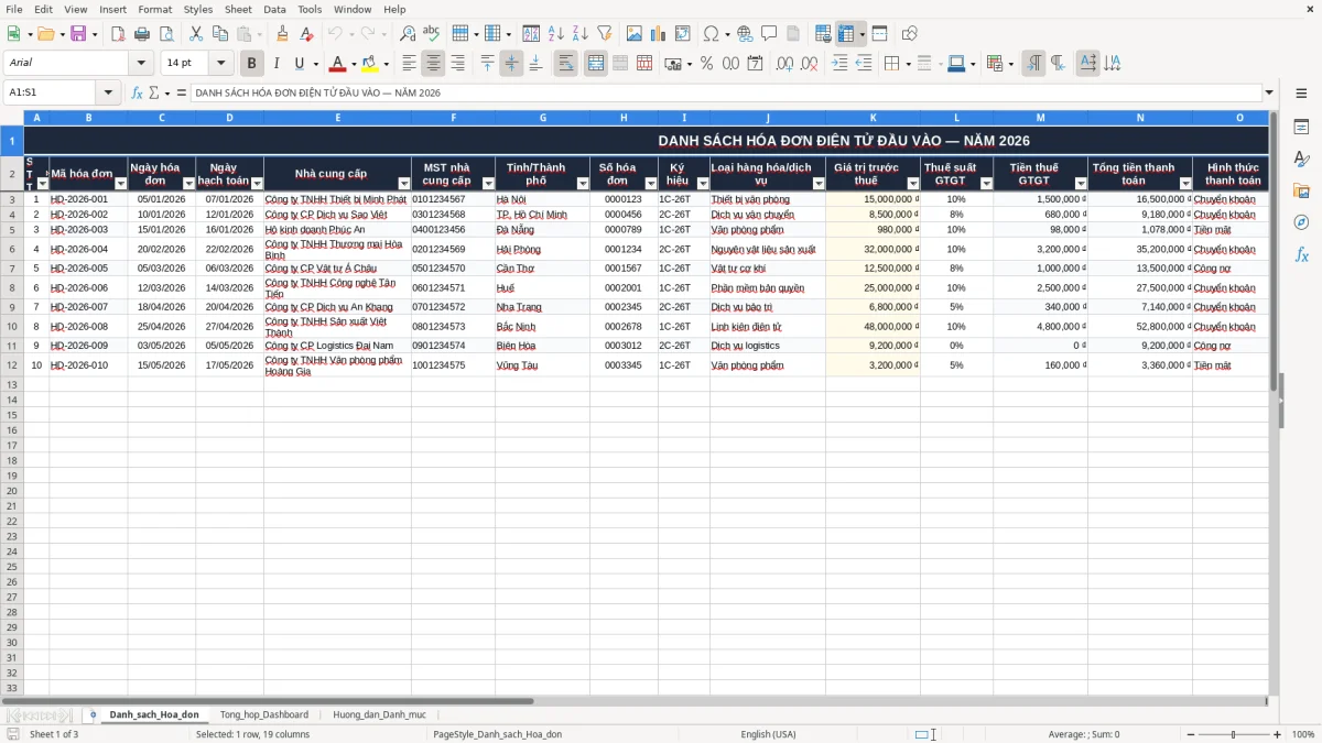 Ảnh chụp màn hình 1: tab Danh_sach_Hoa_don - Mẫu Excel file excel quản lý hóa đơn điện tử đầu vào