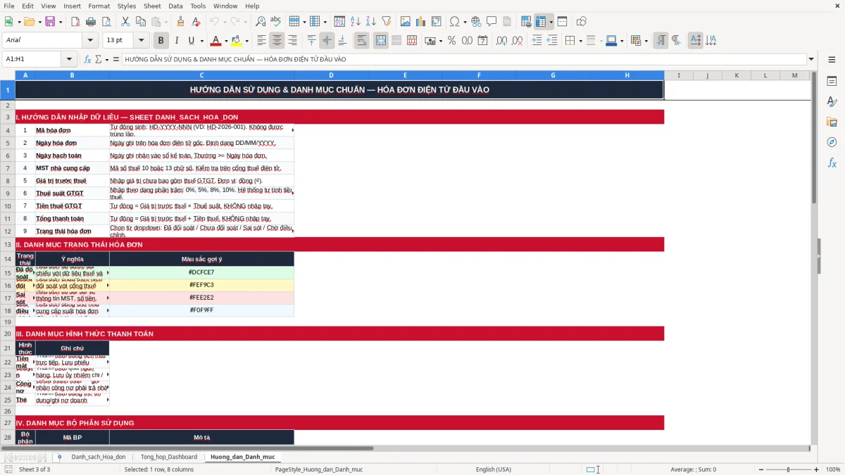 Ảnh chụp màn hình 3: tab Huong_dan_Danh_muc - Mẫu Excel file excel quản lý hóa đơn điện tử đầu vào