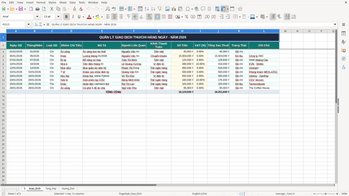 Ảnh chụp màn hình 1: tab Giao_Dich - Mẫu Excel file excel quản lý chi tiêu cá nhân hàng tháng