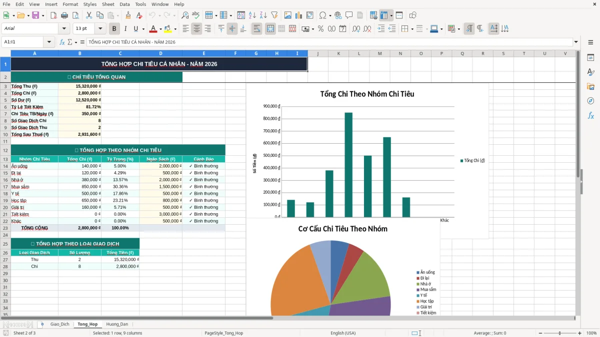 Ảnh chụp màn hình 2: tab Tong_Hop - Mẫu Excel file excel quản lý chi tiêu cá nhân hàng tháng