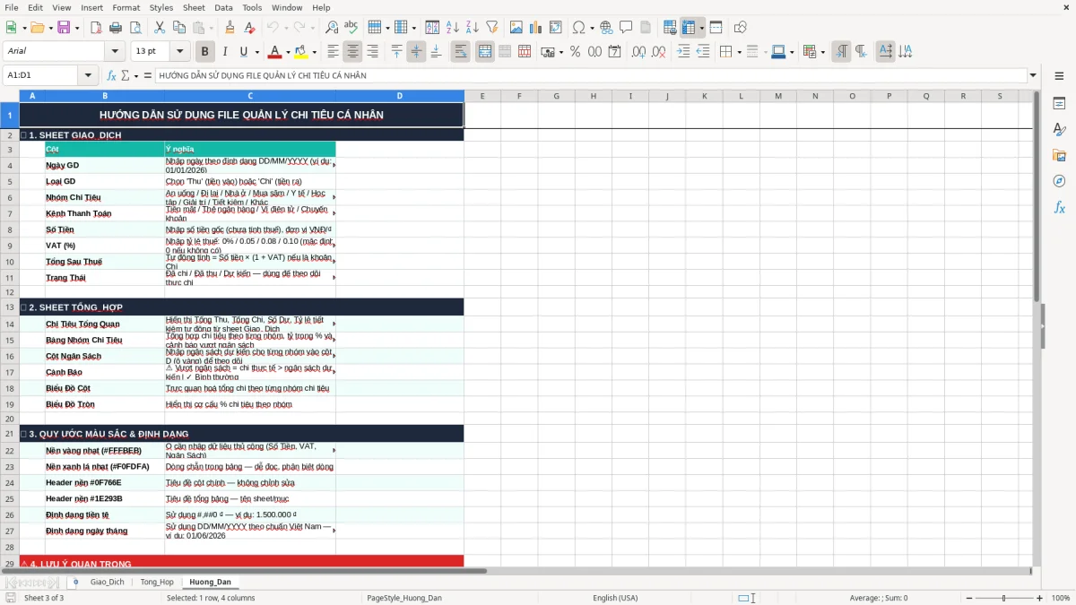 Ảnh chụp màn hình 3: tab Huong_Dan - Mẫu Excel file excel quản lý chi tiêu cá nhân hàng tháng