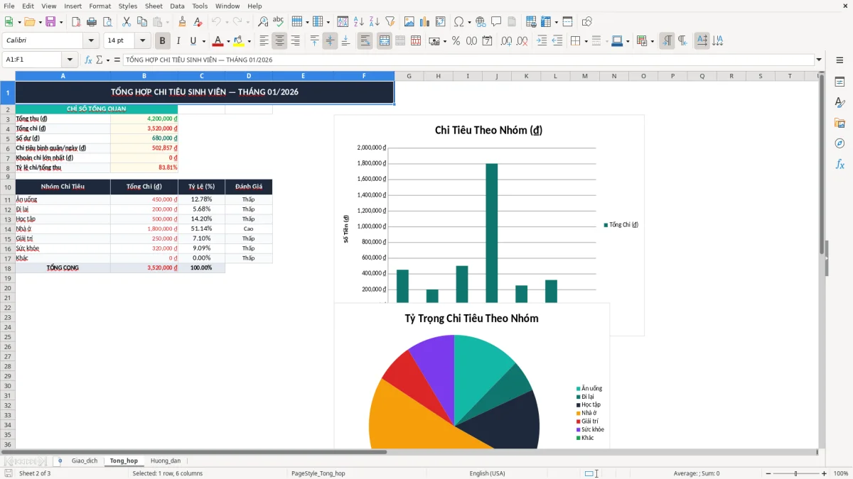 Ảnh chụp màn hình 2: tab Tong_hop - Mẫu Excel file excel quản lý chi tiêu sinh viên