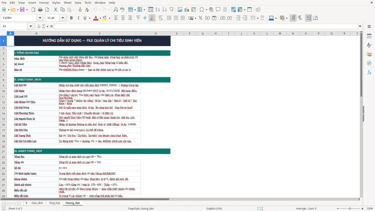 Ảnh chụp màn hình 3: tab Huong_dan - Mẫu Excel file excel quản lý chi tiêu sinh viên