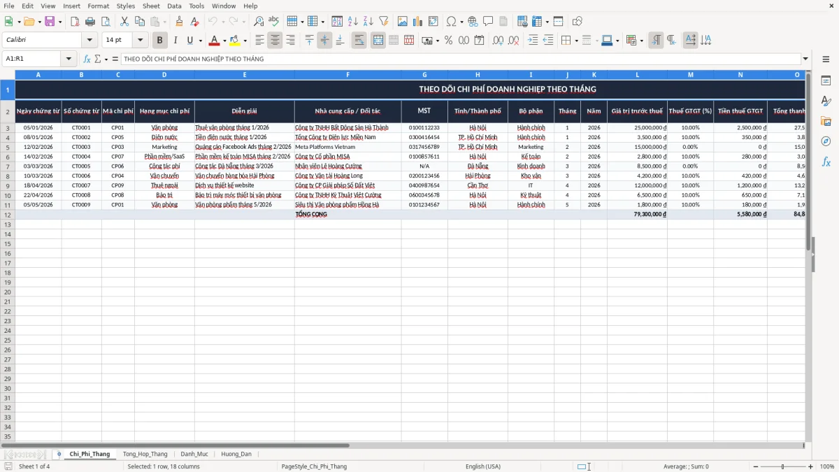 Ảnh chụp màn hình 1: tab Chi_Phi_Thang - Mẫu Excel file excel theo dõi chi phí doanh nghiệp theo tháng