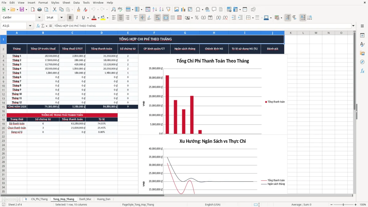 Ảnh chụp màn hình 2: tab Tong_Hop_Thang - Mẫu Excel file excel theo dõi chi phí doanh nghiệp theo tháng