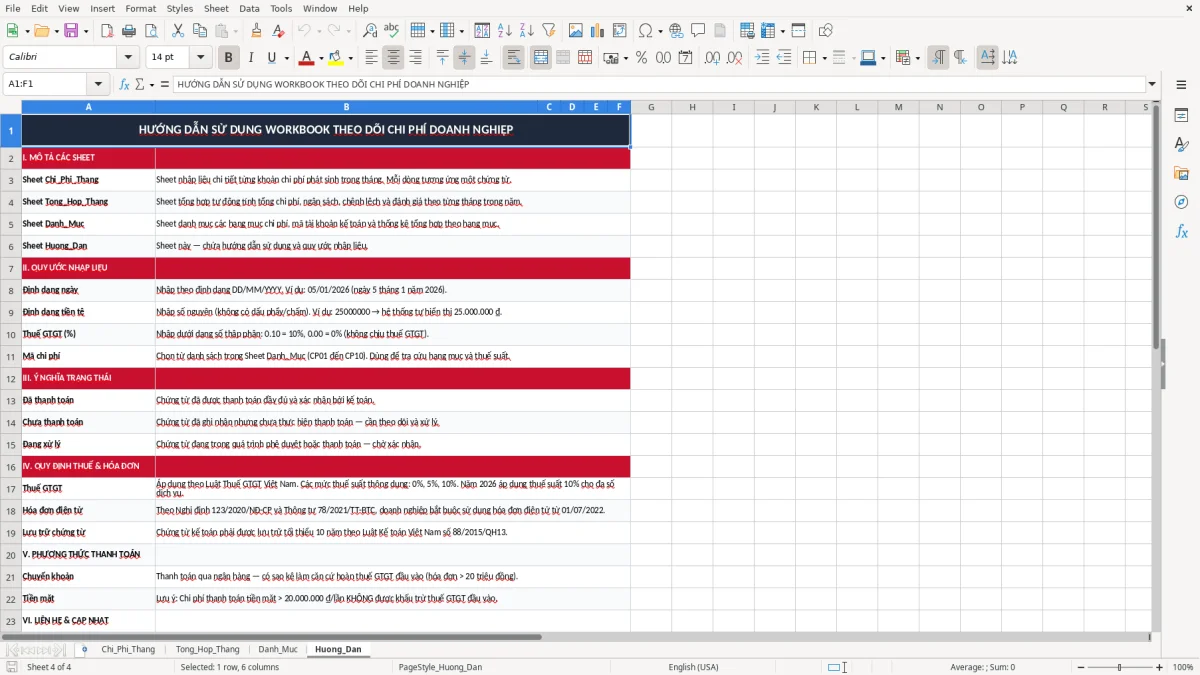Ảnh chụp màn hình 4: tab Huong_Dan - Mẫu Excel file excel theo dõi chi phí doanh nghiệp theo tháng