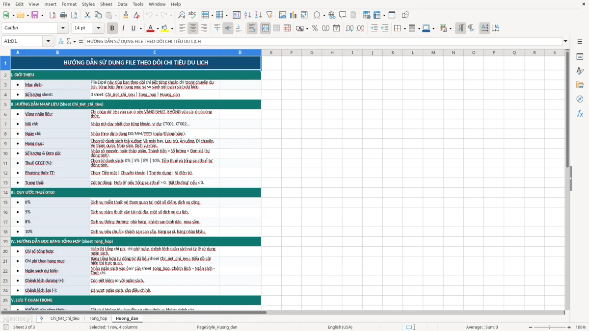 Ảnh chụp màn hình 3: tab Huong_dan - Mẫu Excel file excel theo dõi chi tiêu du lịch