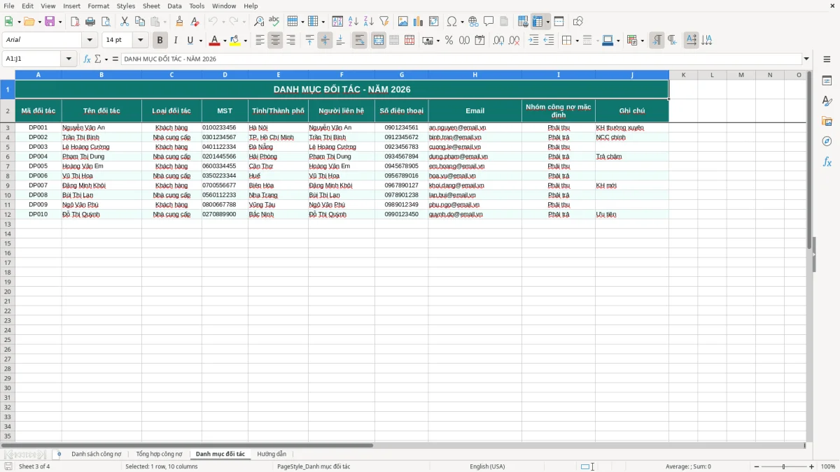 Skärmbild 3: fliken Danh mục đối tác - Excelmall file excel theo dõi công nợ phải thu phải trả