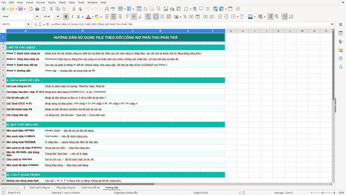 Skärmbild 4: fliken Hướng dẫn - Excelmall file excel theo dõi công nợ phải thu phải trả