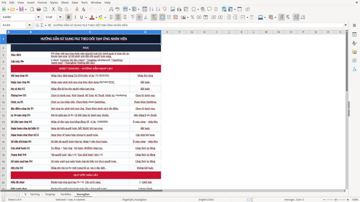 Ảnh chụp màn hình 4: tab HuongDan - Mẫu Excel file excel theo dõi tạm ứng nhân viên