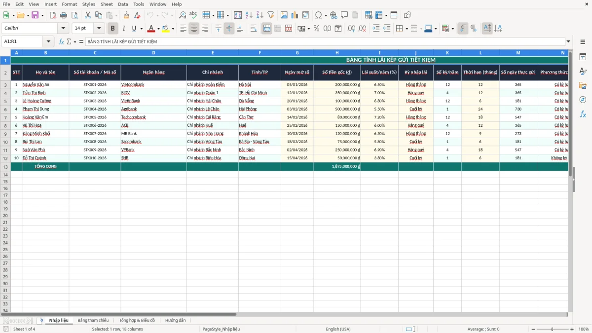 Ảnh chụp màn hình 1: tab Nhập liệu - Mẫu Excel file excel tính lãi kép gửi tiết kiệm