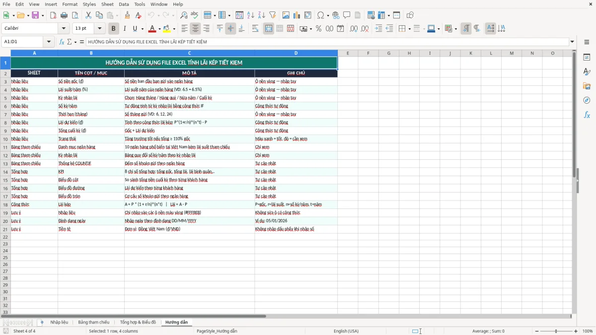 Ảnh chụp màn hình 4: tab Hướng dẫn - Mẫu Excel file excel tính lãi kép gửi tiết kiệm
