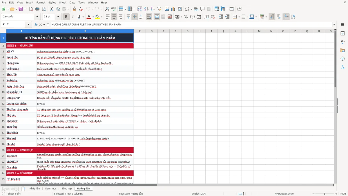 Ảnh chụp màn hình 4: tab Hướng dẫn - Mẫu Excel file excel tính lương theo sản phẩm