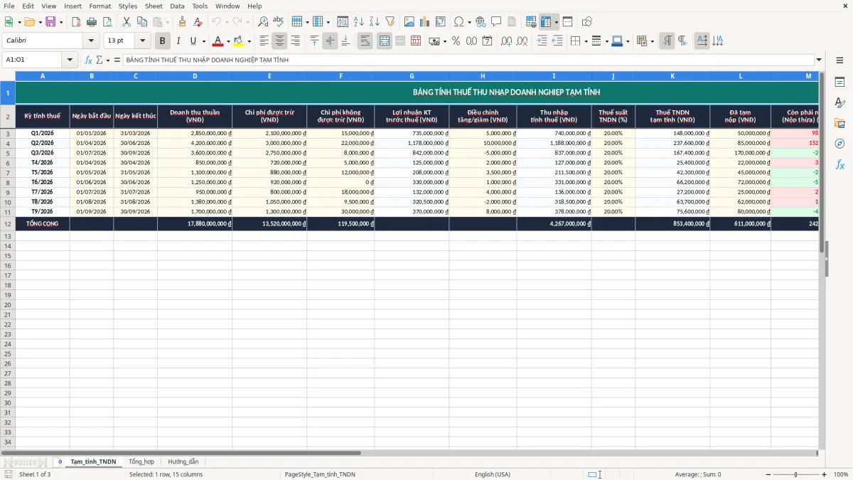 Ảnh chụp màn hình 1: tab Tạm_tính_TNDN - Mẫu Excel file excel tính thuế thu nhập doanh nghiệp tạm tính
