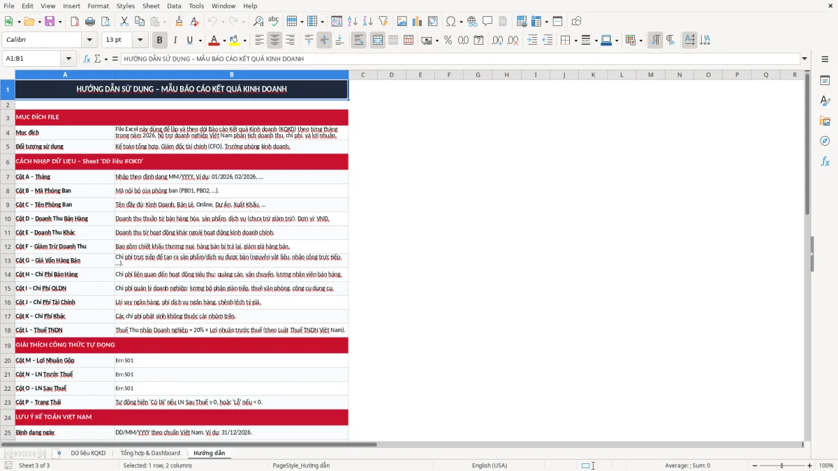 Ảnh chụp màn hình 3: tab Hướng dẫn - Mẫu Excel mẫu báo cáo kết quả kinh doanh excel
