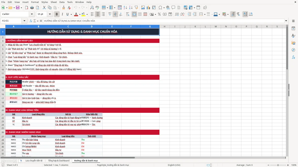 Ảnh chụp màn hình 3: tab Hướng dẫn & Danh mục - Mẫu Excel mẫu báo cáo lưu chuyển tiền tệ excel