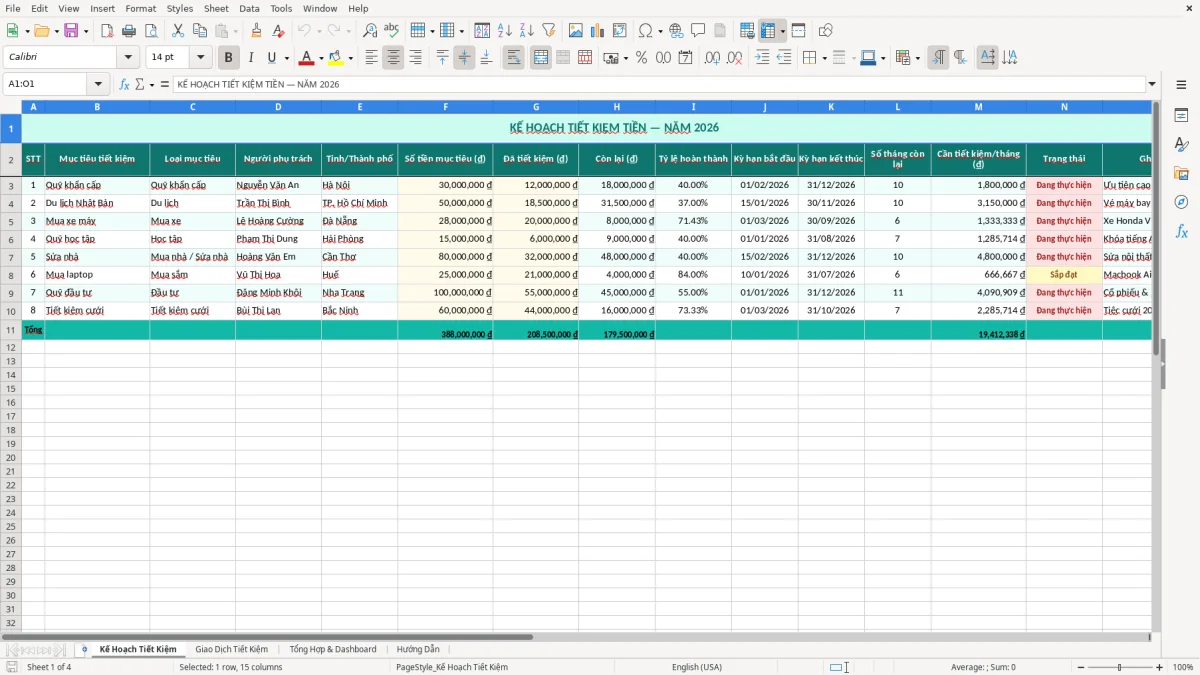 Ảnh chụp màn hình 1: tab Kế Hoạch Tiết Kiệm - Mẫu Excel mẫu kế hoạch tiết kiệm tiền excel