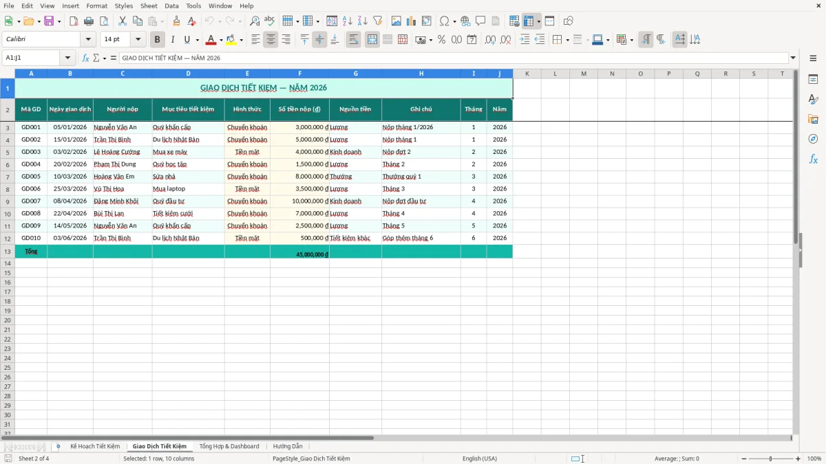 Ảnh chụp màn hình 2: tab Giao Dịch Tiết Kiệm - Mẫu Excel mẫu kế hoạch tiết kiệm tiền excel