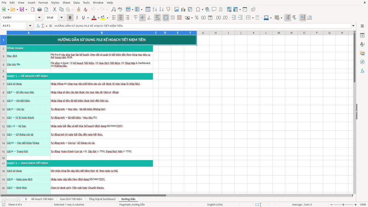 Ảnh chụp màn hình 4: tab Hướng Dẫn - Mẫu Excel mẫu kế hoạch tiết kiệm tiền excel