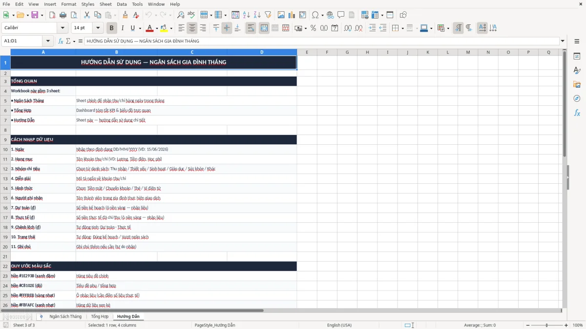 Ảnh chụp màn hình 3: tab Hướng Dẫn - Mẫu Excel mẫu ngân sách gia đình theo tháng excel