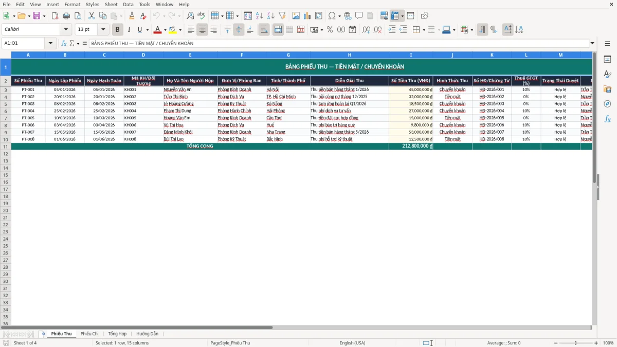 Ảnh chụp màn hình 1: tab Phiếu Thu - Mẫu Excel mẫu phiếu thu phiếu chi excel