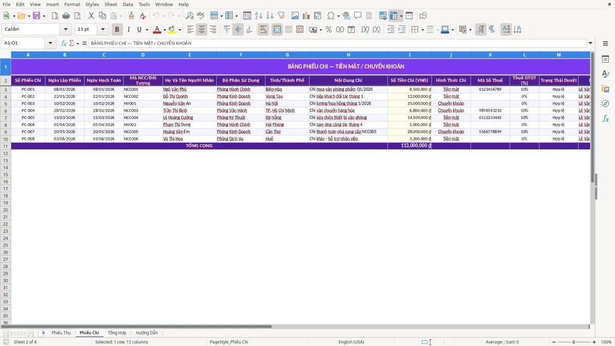 Ảnh chụp màn hình 2: tab Phiếu Chi - Mẫu Excel mẫu phiếu thu phiếu chi excel