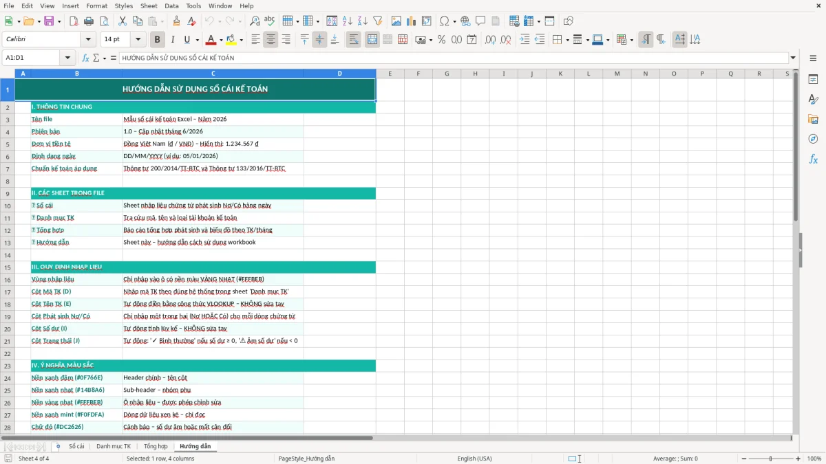 Ảnh chụp màn hình 4: tab Hướng dẫn - Mẫu Excel mẫu sổ cái kế toán excel