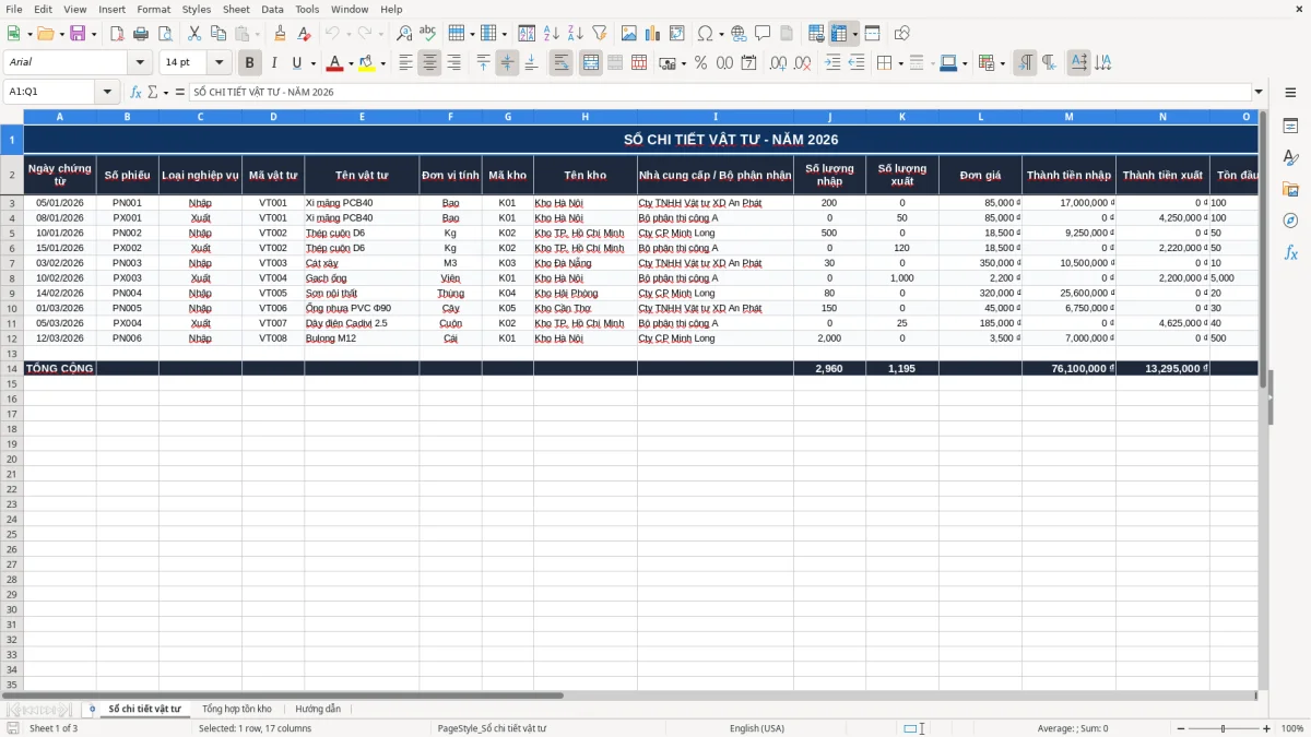 Ảnh chụp màn hình 1: tab Sổ chi tiết vật tư - Mẫu Excel mẫu sổ chi tiết vật tư excel