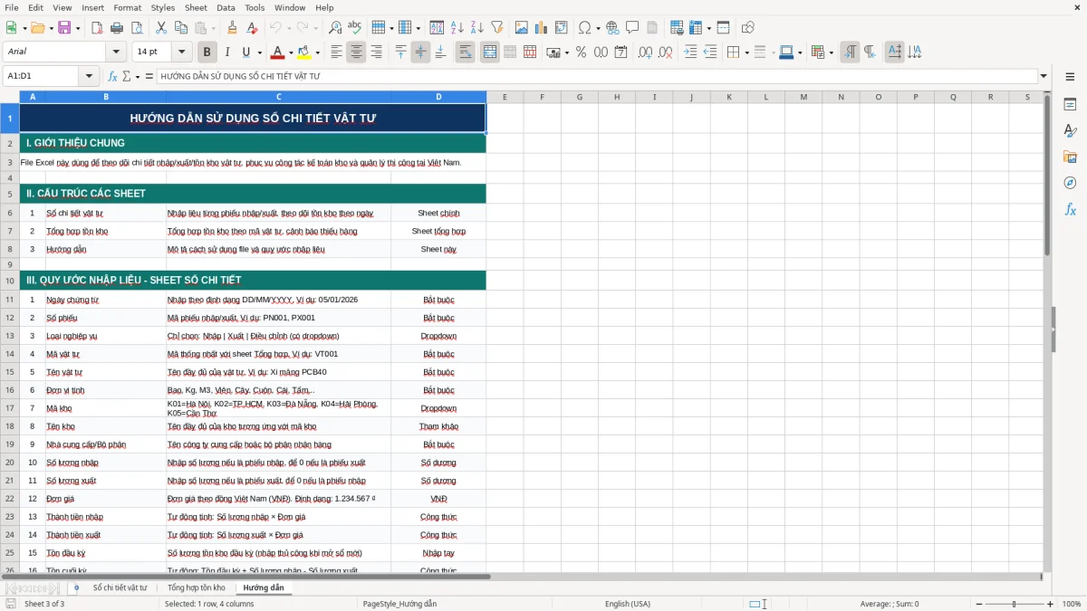 Ảnh chụp màn hình 3: tab Hướng dẫn - Mẫu Excel mẫu sổ chi tiết vật tư excel