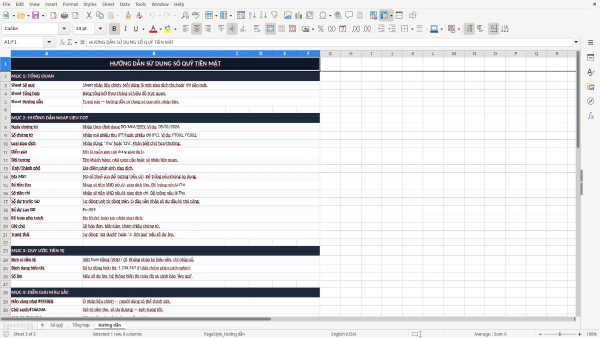Skärmbild 3: fliken Hướng dẫn - Excelmall mẫu sổ quỹ tiền mặt excel