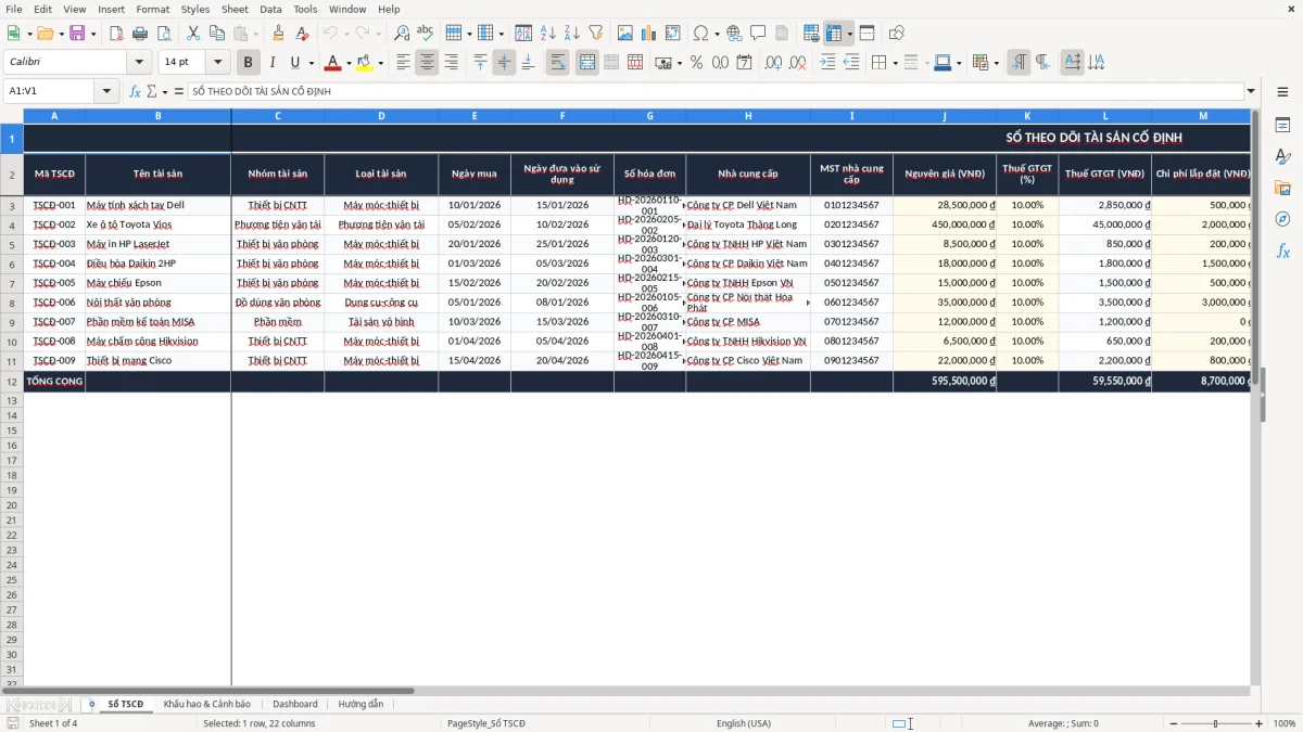 Ảnh chụp màn hình 1: tab Sổ TSCĐ - Mẫu Excel mẫu sổ theo dõi tài sản cố định excel
