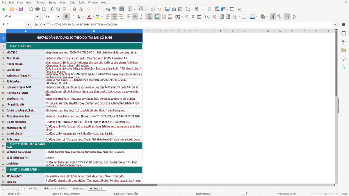 Ảnh chụp màn hình 4: tab Hướng dẫn - Mẫu Excel mẫu sổ theo dõi tài sản cố định excel