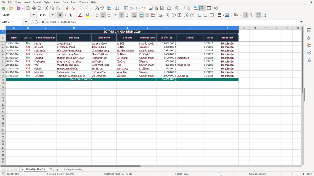 Ảnh chụp màn hình 1: tab Nhập liệu Thu Chi - Mẫu Excel mẫu sổ thu chi gia đình excel