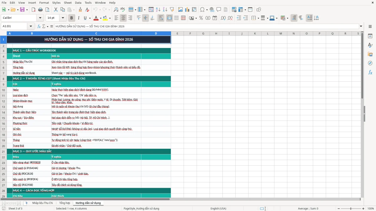 Ảnh chụp màn hình 3: tab Hướng dẫn sử dụng - Mẫu Excel mẫu sổ thu chi gia đình excel