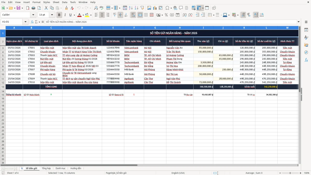 Ảnh chụp màn hình 1: tab Sổ tiền gửi - Mẫu Excel mẫu sổ tiền gửi ngân hàng excel
