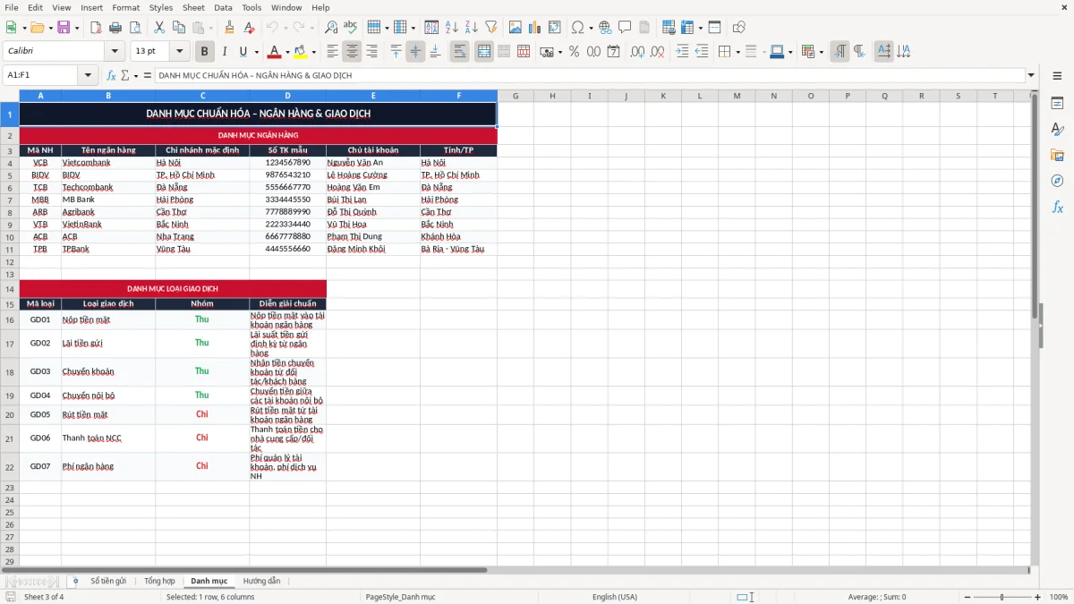 Ảnh chụp màn hình 3: tab Danh mục - Mẫu Excel mẫu sổ tiền gửi ngân hàng excel