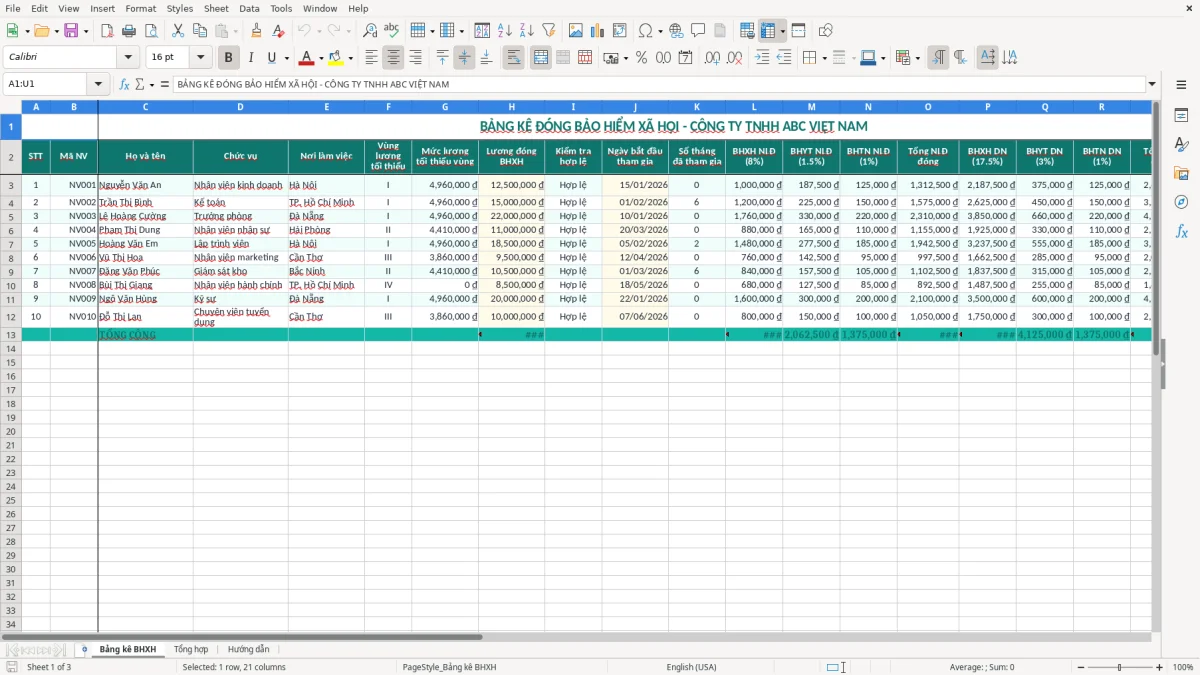 Ảnh chụp màn hình 1: tab Bảng kê BHXH - Mẫu Excel bảng tính bảo hiểm xã hội excel